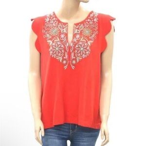 Akemi + Kin Anthropologie Binah Embroidered Beaded Scallop Sleeve Top Size Large